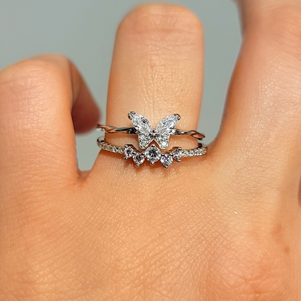 925 Sterling Silver Butterfly Engagement Wedding Ring Set Size 8